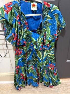 FARM Rio Blue Tropical Leaf & Red Floral Ruffle Dress